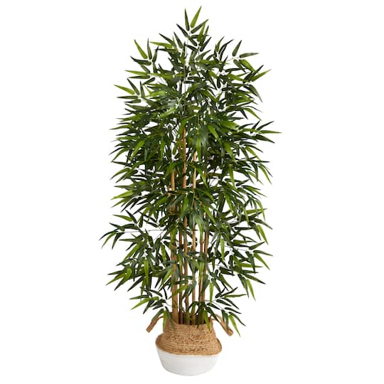 64" Bamboo Artificial Tree with Natural Bamboo Trunks in Boho Chic Handmade Cotton & Jute White Woven Planter